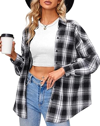 Photo 1 of Damorong Button Down Shirts for Women Long Sleeve Collared Casual Plaid Shirt Lightweight Loose Spring Blouse Tops
White/Black