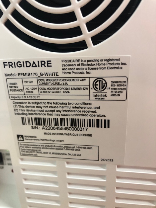 Photo 4 of ***FRONT MIRROR SHATTERED, FRONT FUNCTIONAL***
FRIGIDAIRE EFMIS170-WHITE EFMIS170, Skincare Mini Fridge, 6.5L Capacity, Includes Home Plug & 12V Car Charger, Chills 9 Cans, 2022 version, WHITE, No Size