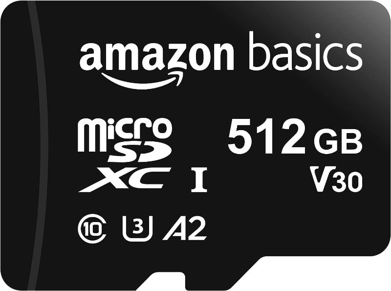 Photo 1 of Amazon Basics microSDXC Memory Card with Full Size Adapter, A2, U3, Read Speed up to 100 MB/s, 512 GB, Black
