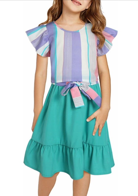 Photo 1 of blibean Girl Summer Clothes Set Color Striped Tops Solid Skirts Suit 6-11 Years Old