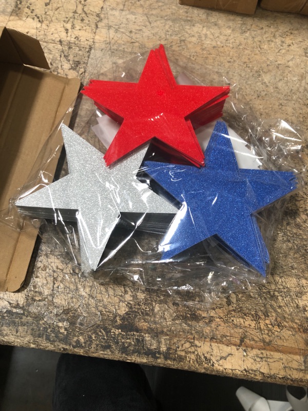 Photo 2 of Fainne 300 Pieces Glitter Star Cutouts Paper Star Confetti Cutouts Red White and Blue Decorations for Bulletin Board Classroom Wall Independence Day Party Decoration Supplies 6 Inch in Diameter