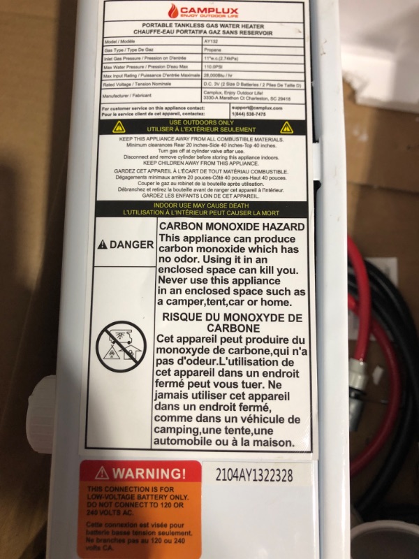 Photo 6 of * damaged water line * sold for parts or repair *
Tankless Water Heater, Camplux 2.64 GPM Outdoor Propane Gas Water Heater for Camping, BW264, White
