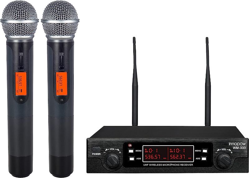 Photo 1 of innopow 200-Channel Wireless Microphones System, Dual UHF Metal Cordless Mic Set, Auto Scan, Long Range 200-240Ft,16 Hours Use for Karaoke Singing, Church, 2022 Version(WM333)