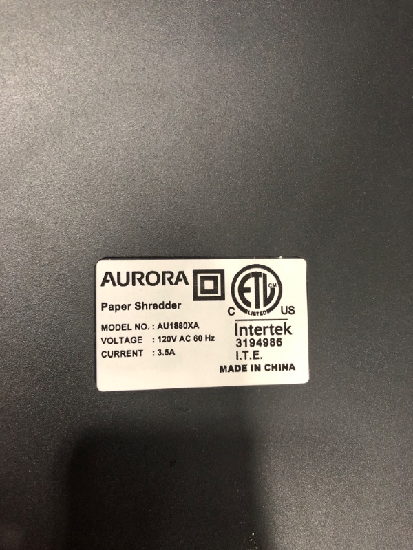 Photo 3 of Aurora AU1880XA Heavy Duty Anti-Jam 18-Sheet Crosscut Shredder/60 Min Run Time/ 7-Gallon Pullout Basket and Casters Paper 18-Sheet Crosscut Black