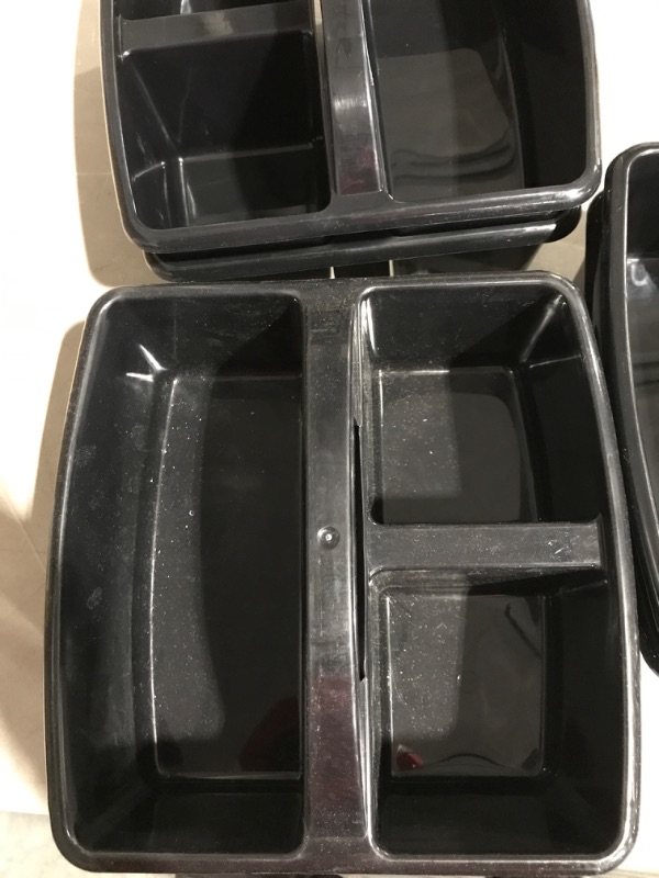 Photo 2 of 6 Black Storage Caddies - Bulk Stackable Plastic Bins with 3 Compartments & Carrying Handle for Restaurant, Business, Bar, Food Truck, Houskeeping - Utility Tote for Cleaning Supplies & Spray Bottles