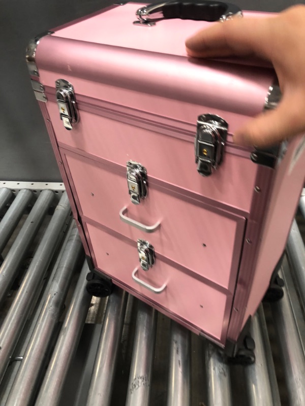 Photo 4 of Adazzo Professional Rolling Makeup Train Case with Drawers, Large Cosmetic Trolley with Locks, Cosmetics Storage Organizer Make up Case for Travel Makeup / Nail Art / Hair Styling, Matte Pink