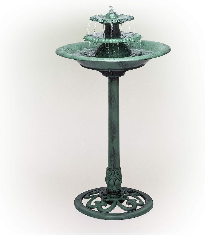 Photo 3 of  35" Tall Outdoor 3-Tiered Pedestal Water Fountain and Birdbath, Green 10"L x 11"W x 38"H Water Fountain + Fountain and Birdbath Bronze
