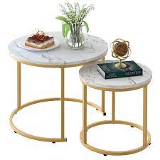 Photo 1 of aboxoo Coffee Table Nesting White Set of 2 Side Set Golden Frame Circular and Marble Pattern Wooden Tables, Living Room Bedroom Apartment Modern Industrial Simple Nightstand
