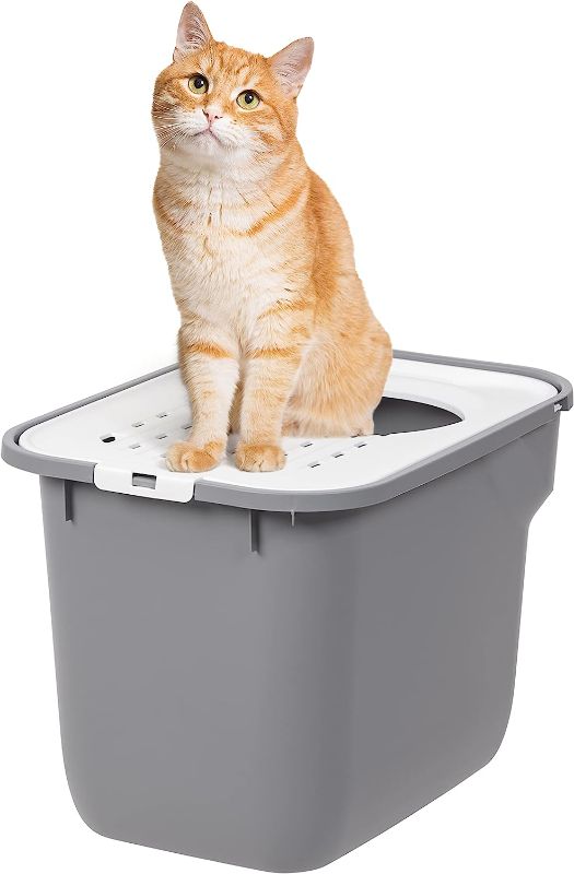 Photo 1 of 2 of- IRIS USA Square Top Entry Cat Litter Box, Large Kitty Litter Tray with Litter Catching Lid Less Tracking Dog Proof and Privacy Walls, Gray/White
