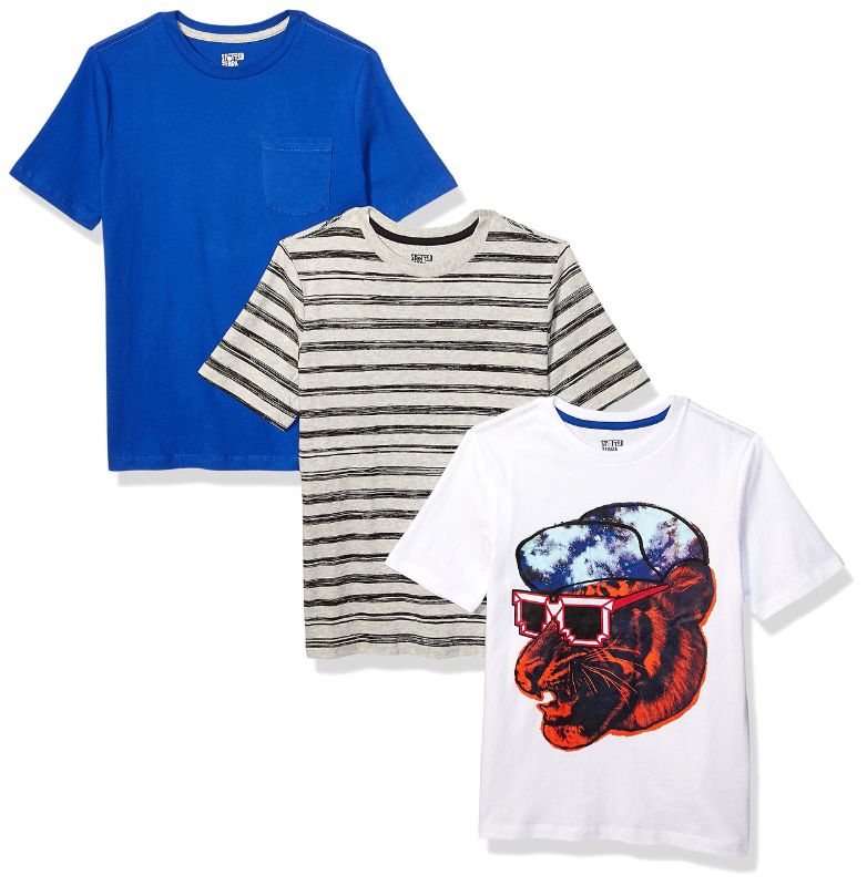 Photo 1 of 2 pk- Amazon Essentials Boys and Toddlers' Short-Sleeve T-Shirts (Previously Spotted Zebra), Multipacks 3 Blue/Stripe/Cool Cat XX-Large