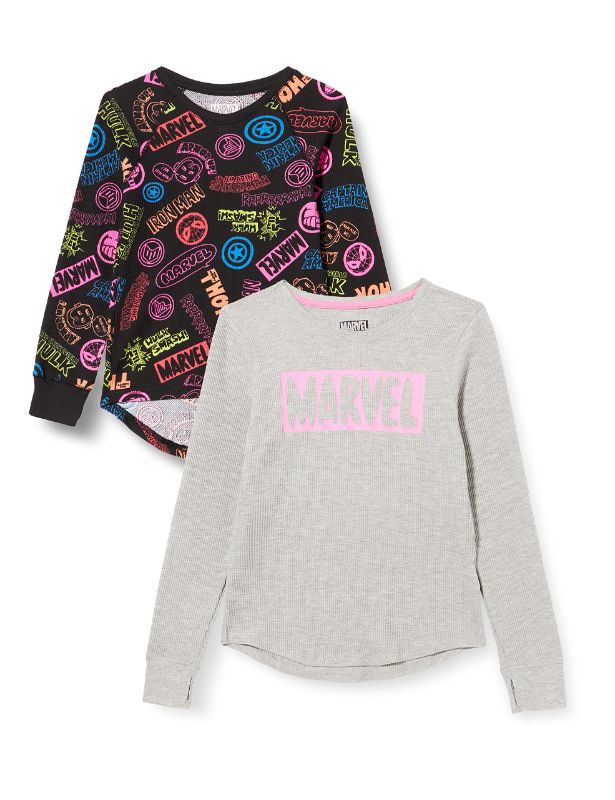 Photo 1 of 2 pk- Amazon Essentials Disney | Marvel | Star Wars | Frozen Girls and Toddlers' Long-Sleeve Thermal T-Shirts, Pack of Medium Grey/Marvel