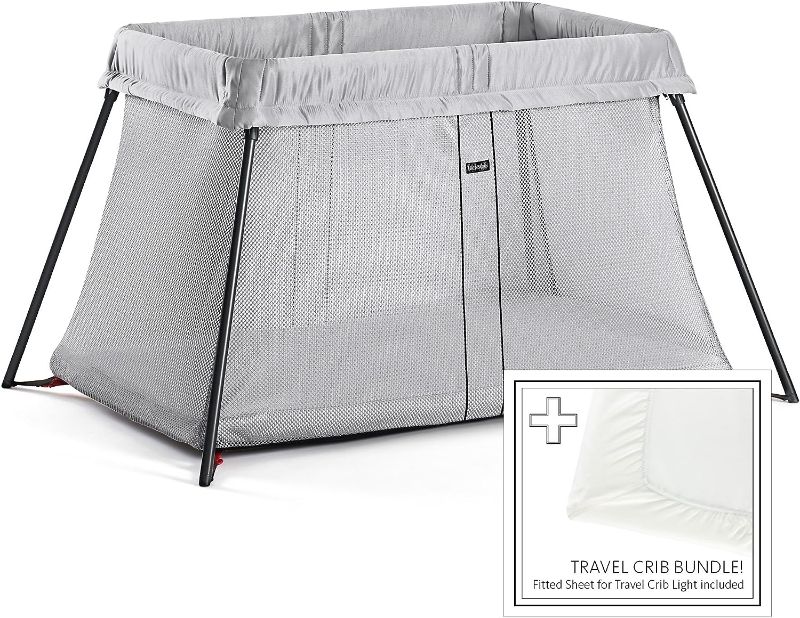 Photo 1 of BABYBJORN Travel Crib Light - Silver + Fitted Sheet Bundle Pack 