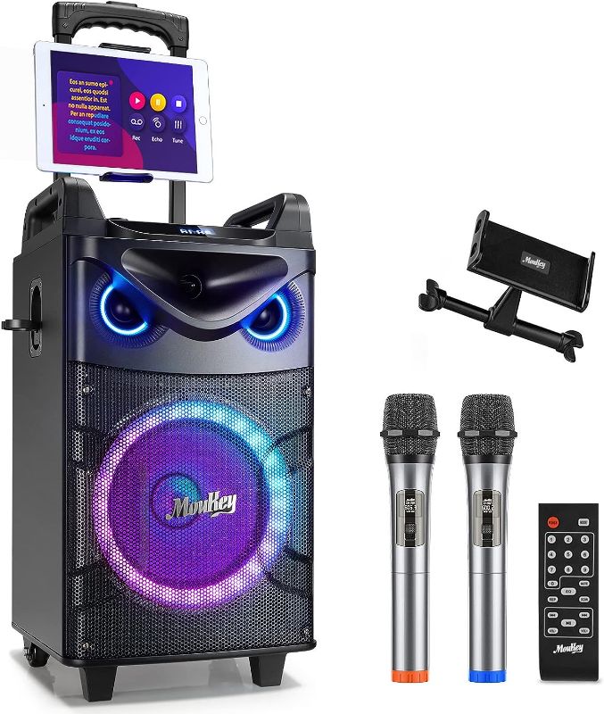 Photo 1 of Moukey Karaoke Machine, 10" Woofer Portable PA System, Bluetooth Speaker with 2 Wireless Microphones, Lyrics Display Tablet Holder, Party Lights & Echo/Treble/Bass Adjustment Support REC/AUX/USB/TF
