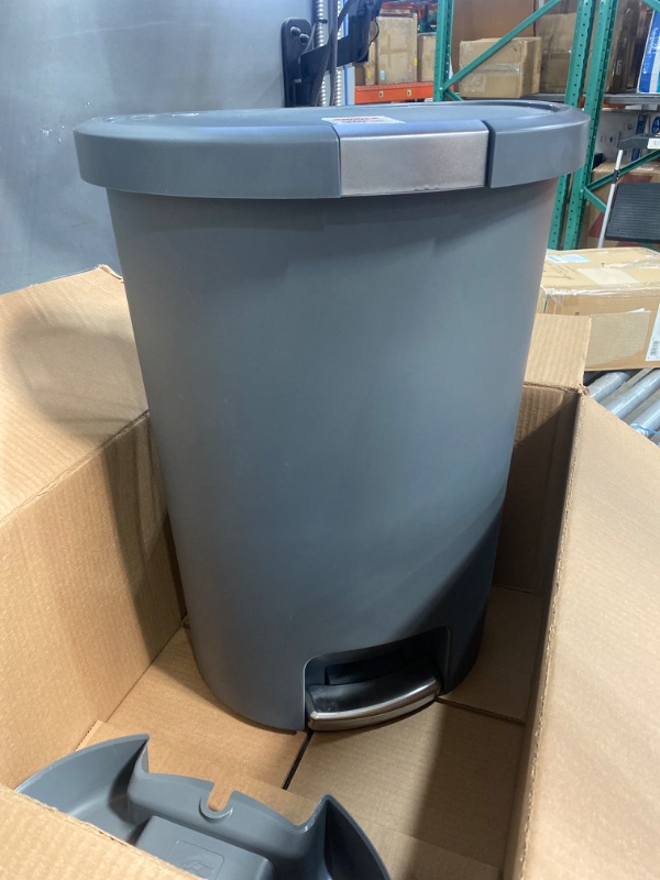 Photo 1 of Curver Deco 13 Gallon Step-On Trash Can and Recycle Bin with Lid for Kitchen Waste, Silver