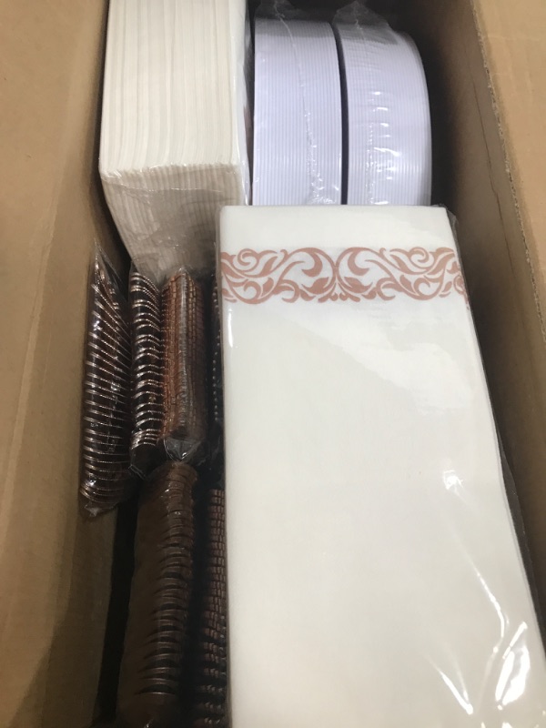 Photo 2 of BUCLA 350PCS Rose Gold Plastic Plates With Disposable Plastic Silverware& Napkins- Rose Gold Rim Plastic Dinnerware Lace Design For Mother's Day, Wedding
