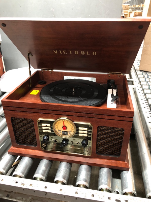 Photo 3 of Victrola Nostalgic 6-in-1 Bluetooth Record Player & Multimedia Center with Built-in Speakers - 3-Speed Turntable, CD & Cassette Player, FM Radio | Wireless Music Streaming | Mahogany Mahogany Entertainment Center