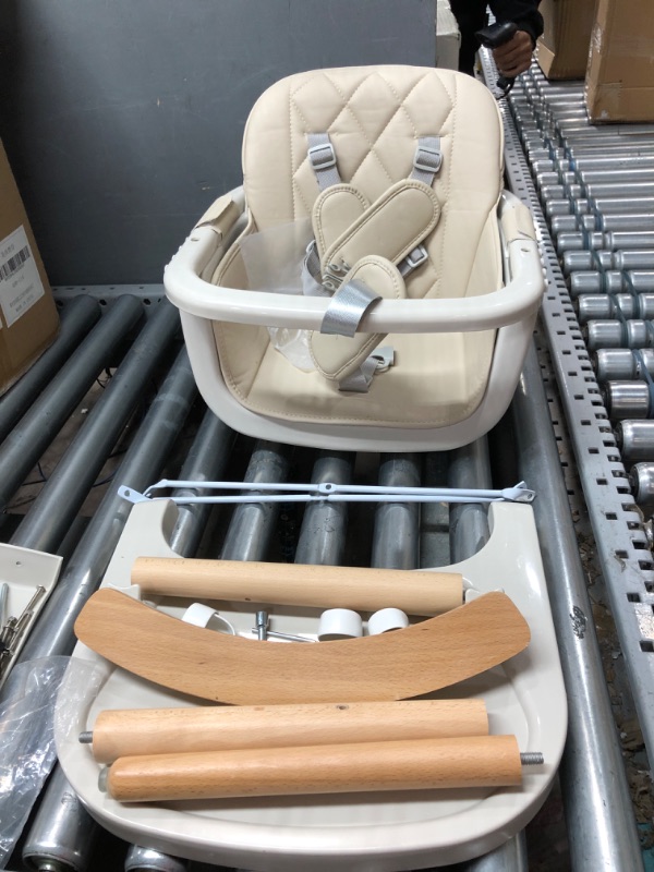 Photo 2 of 3-in-1 Convertible Wooden High Chair,Baby High Chair with Adjustable Legs & Dishwasher Safe Tray, Made of Sleek Hardwood & Premium Leatherette,Cream Color