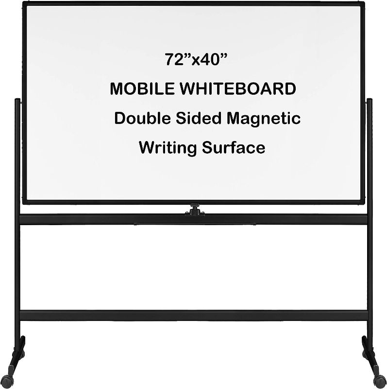 Photo 1 of INNOVART Mobile Whiteboard 72” x 40”, 360° Reversible Double Sided Magnetic Dry Erase Board with Portable Rolling Stand on Wheels, Easel Standing Board with Black Aluminum Frame.
