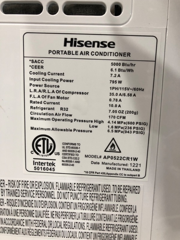 Photo 4 of *SEE COMMENTS*- Hisense 5000-BTU DOE (115-Volt) White Vented Portable Air Conditioner with Remote Cools 150-sq ft