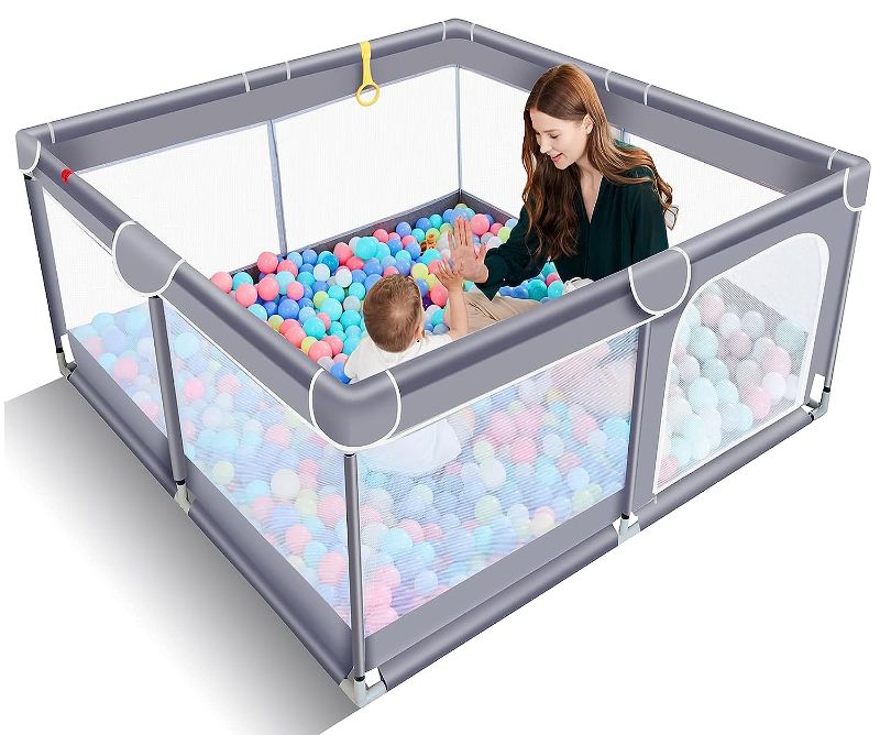 Photo 1 of Baby Playpen for Toddler, Large Baby Playard, Indoor & Outdoor Kids Activity Center with Anti-Slip Base, Sturdy Safety Play Yard with Soft Breathable Mesh, Playpen for Babies(Gray,50”×50”)
