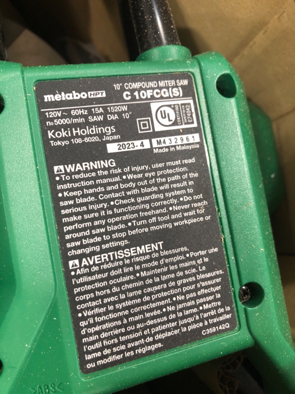 Photo 3 of **UNABLE TO TEST***Metabo HPT 10-Inch Compound Miter Saw | 0-52 Degrees Miter Cutting Range (Left/Right) | 0-45 Degrees Bevel Cutting Range (Left) | 15-Amp Motor | Includes 10-Inch 24T TCT Saw Blade | C10FCGS Metabo HPT C10FCGS Miter Saw