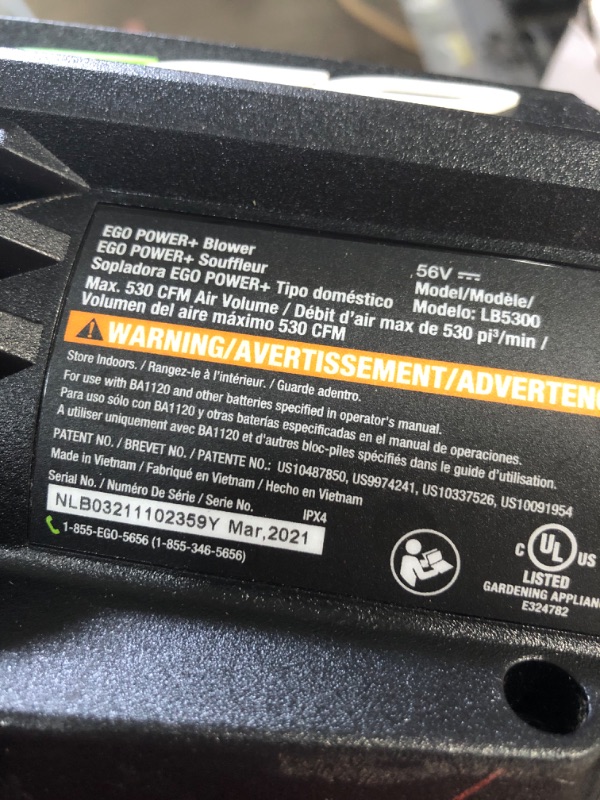 Photo 5 of ***FAULTY BATTERY***EGO POWER+ 56-volt 530-CFM 110-MPH Battery Handheld Leaf Blower 2.5 Ah (Battery and Charger Included)