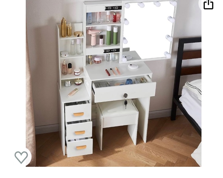 Photo 1 of Jarbalai White Modern Makeup Vanity Table with Charging Station, Vanity Desk Dressing Table with 10 LED Lights Mirror, Large Vanity Set with Drawers and Stool for Bedroom