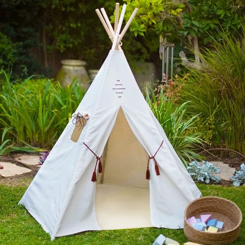 Photo 1 of ***MISSING COMPONENTS*** Nature's Blossom Kids Teepee Tent For Indoor and Outdoor Play. Large Tipi with Floor, 5 Poles, Window, Carrying Bag. Pentagon Shaped, Portable Kids TP Playhouse for Boys and Girls. Off-White