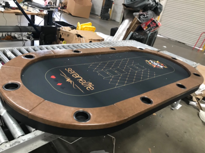 Photo 8 of SEE PICS FOR DAMAGES**SereneLife Player Oval Foldable Poker, Casino Leisure Texas Holdem Table, with Water Resistant Cushioned Rail, 10 Cup Holders, Brown Felt Surface, Black Jack Board & Family Games Oval / 10 players