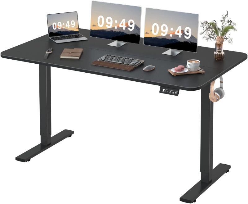 Photo 1 of *DIFFERENT FROM STOCK PHOTO* Electric Height Adjustable Standing Desk Large 55 x 24 Inches Sit Stand Up Desk Home Office Computer Desk Memory Preset with T-Shaped Metal Bracket, Black
