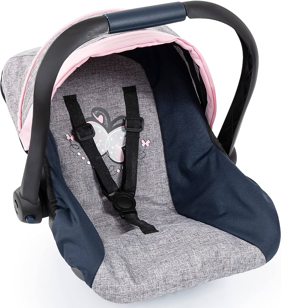 Photo 1 of Bayer Design Dolls: Car Seat - Grey, Blue, Pink Butterfly - Fits Dolls Up to 18' Kids Pretend Play, Safety Belt, Sun Canopy, Accessory for -Plush Toys -Stuffed Animals & Dolls, Ages 3+