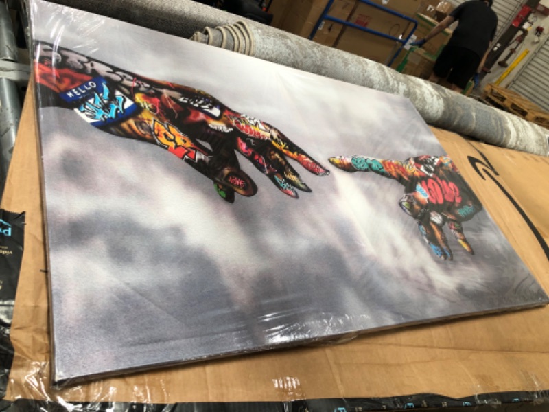 Photo 1 of FaiCai Art Classic Street Art Banksy Graffiti Paintings Canvas Wall Art Adam Hand of God Pop Art Prints Posters Abstract Colorful Modern Wall Decor Pictures Home Office Decor Framed 32"x48" Hand of God1 32 in x 48 in