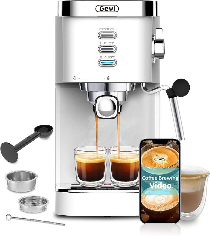 Photo 1 of *USED* Gevi Espresso Machines 20 Bar Fast Heating Automatic Cappuccino Coffee Maker with Foaming Milk Frother Wand for Espresso, Latte Macchiato, 1.2L Removable Water Tank, 1350W, White
