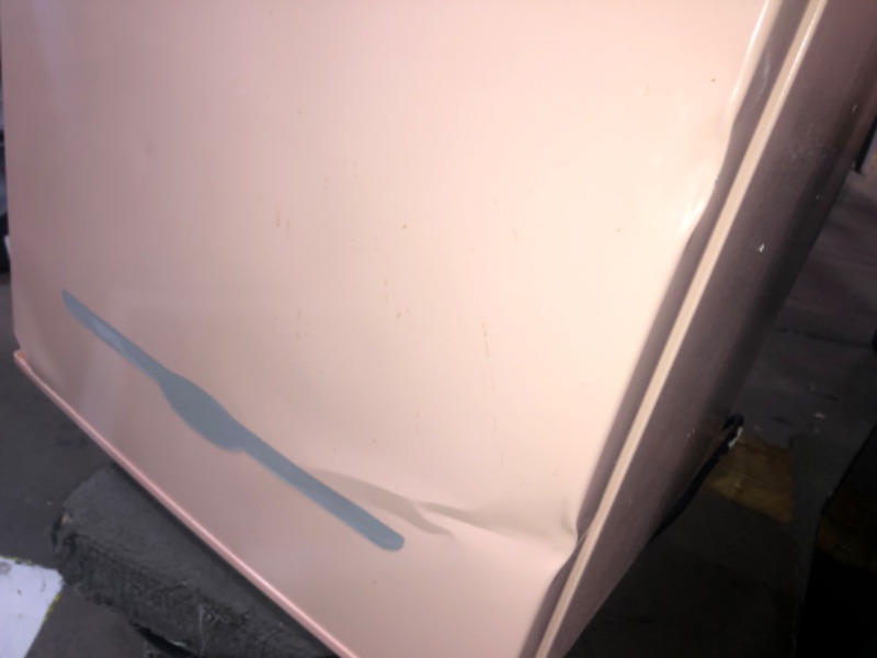 Photo 2 of *DOOR DOES NOT OPEN// DAMAGE// MULTIPLE DENTS//POWERS ON THOUGH** Frigidaire EFR376-CORAL Retro Bar Fridge Refrigerator with Side Bottle Opener, 3.2 cu. Ft, Coral
