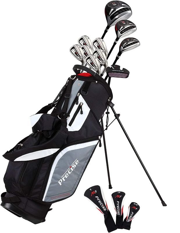 Photo 1 of *LEFT HAND (21,P,9,15,8,5,7,6, PRECISE, & 460CC)**v**  Precise M5 Men's Complete Golf Clubs Package Set Includes Titanium Driver, S.S. Fairway, S.S. Hybrid, S.S. 5-PW Irons, Putter, Stand Bag, 3 H/C's
