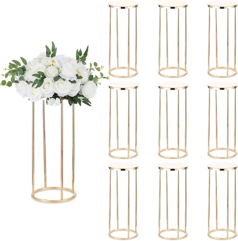 Photo 1 of *MISSING PARTS** Sziqiqi Gold Metal Flower Stand for Wedding Table - Floor Vase Stands for Road Leads Tall Column Tabletop Centerpiece for Party Birthday New Opening Home Living Room Decoration 3pcs Gold 23.6in+31.5in+39.4in