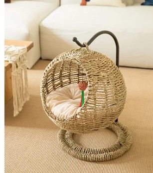 Photo 1 of 24" Hand Made Wicker Cat Bed Basket Swinging Pet House Nest for Small Dog Cat with Cushion Cat Tree or Condo
