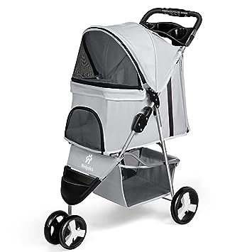 Photo 1 of  Pet Stroller, 3 Wheel Foldable Cat Dog Stroller with Storage Basket and Cup Holder for Small and Medium Cats, Dogs, Puppy (Grey)
