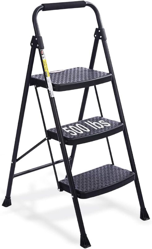 Photo 1 of 3 Step Ladder, Folding Step Stool with Wide Anti-Slip Pedal, Lightweight 500lbs Step Ladder 3 Step Folding, 3 Step Ladder Folding Step Stool for Adults, Portable Kitchen Step Stool
