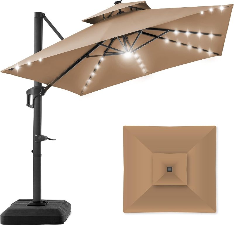 Photo 1 of 10x10ft 2-Tier Square Cantilever Patio Umbrella with Solar LED Lights, Offset Hanging Outdoor Sun Shade for Backyard w/Included Fillable Base, 360 Rotation - Tan
