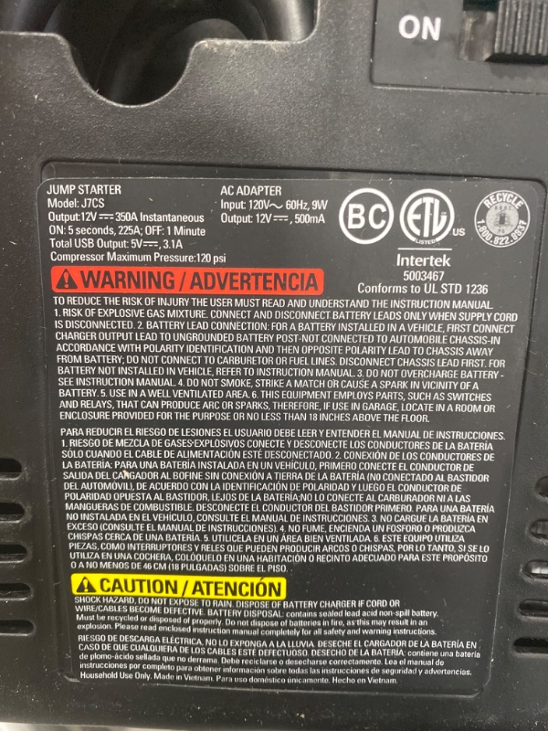 Photo 3 of (USED) STANLEY FATMAX J7CS Portable Power Station Jump Starter: 700 Peak/350 Instant Amps, 120 PSI Air Compressor, 3.1A USB Ports, Battery Clamps