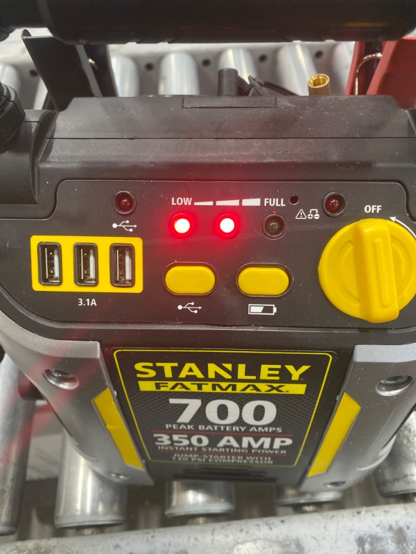 Photo 2 of (USED) STANLEY FATMAX J7CS Portable Power Station Jump Starter: 700 Peak/350 Instant Amps, 120 PSI Air Compressor, 3.1A USB Ports, Battery Clamps