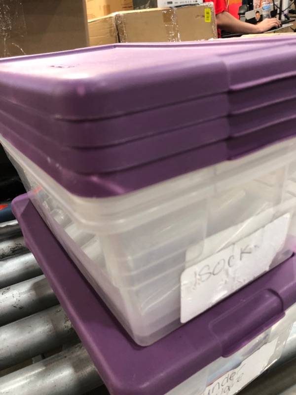 Photo 2 of **SEE NOTES/DAMAGED**
IRIS 5pk 5qt Stack & Pull Storage Box Purple Lid 