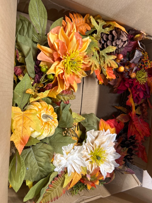 Photo 2 of 24 Inch Fall Wreaths for Front Door Outside, Fall Door Wreath with Pumpkins Pine Cones Flowers Maple Leaves,Autumn Wreath for Harvest Thanksgiving Halloween Decorations Indoor Outdoor Home Decor Fall-24inch