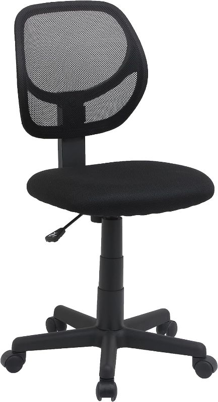 Photo 1 of stock photo for referennce-Amazon Basics Low-Back, Upholstered Mesh, Adjustable, Swivel Computer Office Desk Chair, Black, 18.7"D x 17.7"W x 38.2"H
