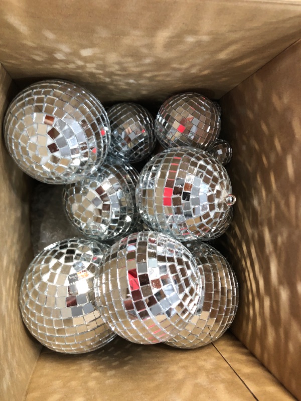 Photo 2 of 20 Pcs Hanging Mirror Disco Ball Ornaments Glass Disco Balls Decoration Different Sizes 70s Reflective Mini Disco Ball Decor with Rope (4 Inch, 3. 2 Inch, 2 Inch)