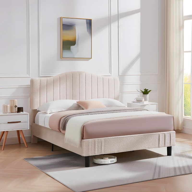 Photo 1 of **MISSING HARDWARE**INCOMPLETE**
VECELO Full Size Bed Frame, Upholstered Platform Bed with Sheepskin Fabric Adjustable Headboard/Strong Wood Slats Supports / 7.9'' Under Bed Storage Space/Noise Free/No Box Spring Needed, Beige
