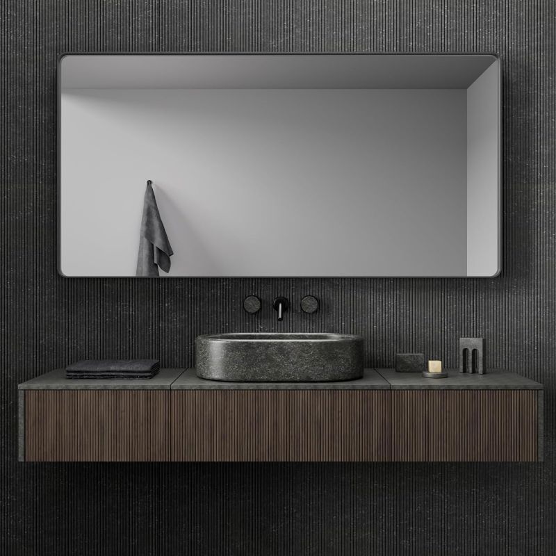 Photo 1 of JISOSO Black Metal Framed Mirror for Bathroom, 60 x 30 Inch Rectangular Bathroom Vanity Mirrors, Wall Mounted Farmhouse Mirror, Rounded Corner,Tempered Glass, Anti-Rust(Horizontal/Vertical)

