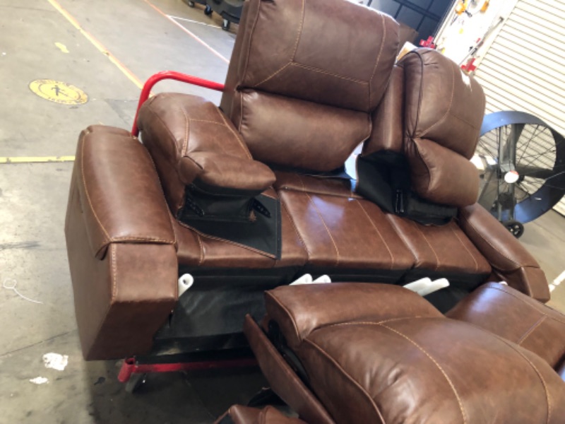 Photo 5 of ***2 LOVE SEATS **SOME FABRIC HAS A STICKY SUBTANCE**ALL PARTS INCLUDED** UNABLE TO TEST POWER CORDS
Achern Brown Leather Nailhead Air Reclining Loveseat with Storage Console
