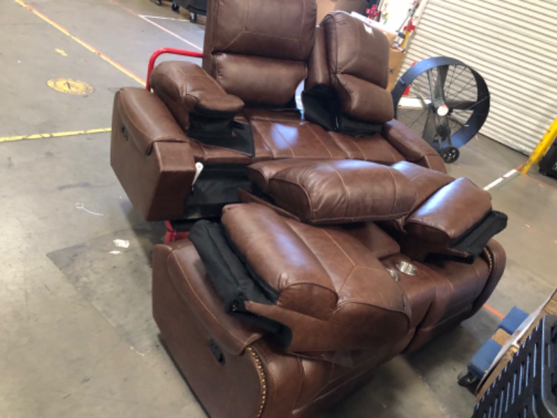 Photo 6 of ***2 LOVE SEATS **SOME FABRIC HAS A STICKY SUBTANCE**ALL PARTS INCLUDED** UNABLE TO TEST POWER CORDS
Achern Brown Leather Nailhead Air Reclining Loveseat with Storage Console
